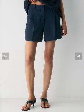 Aritzia “Effortless” Navy Pleated High-Rise Tailored Shorts